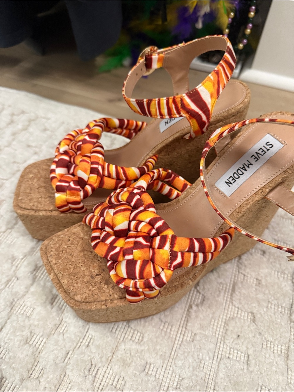 Steve Madden Orange and Yellow Striped Cork Wedge Sandals